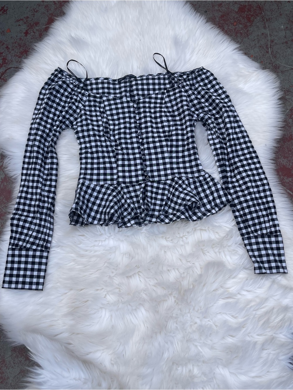 Off-Shoulder Black and White Gingham Peplum Top